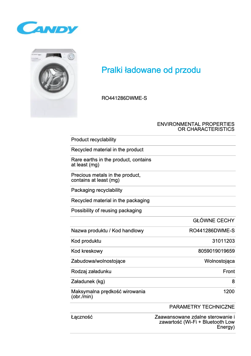 Página 1 del manual Ficha técnica Candy RO441286DWME-S