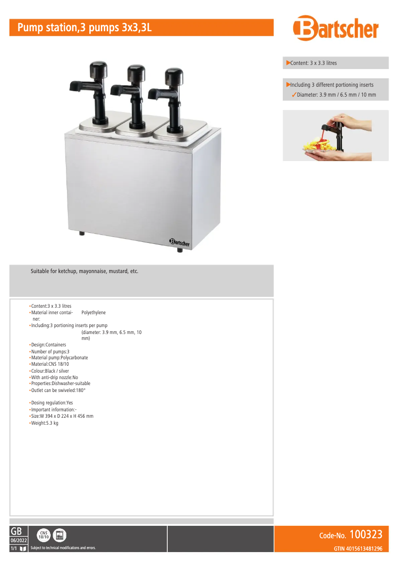 Página 1 del manual Ficha técnica Bartscher 100323