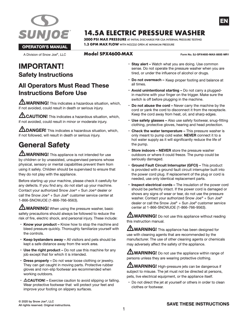 Página nº 1 - Manual de usuario Sun Joe SPX4600-MAX