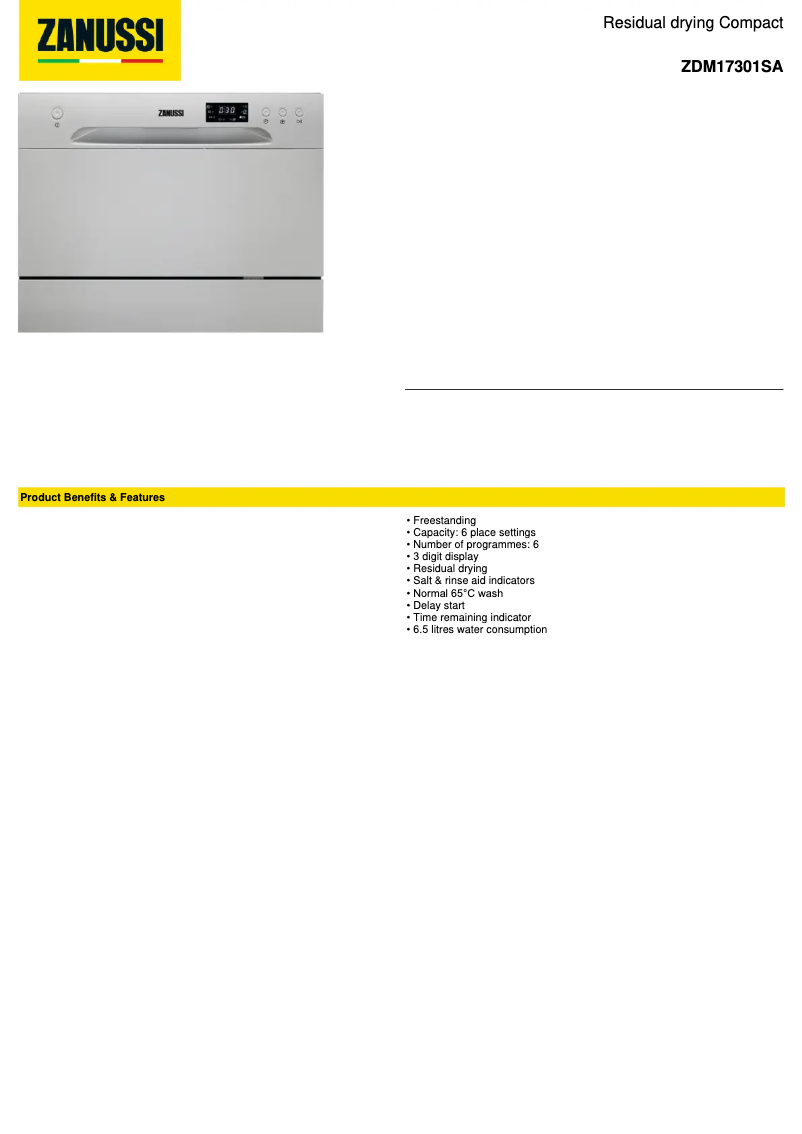 Página 1 del manual Ficha técnica Zanussi ZDM17301SA