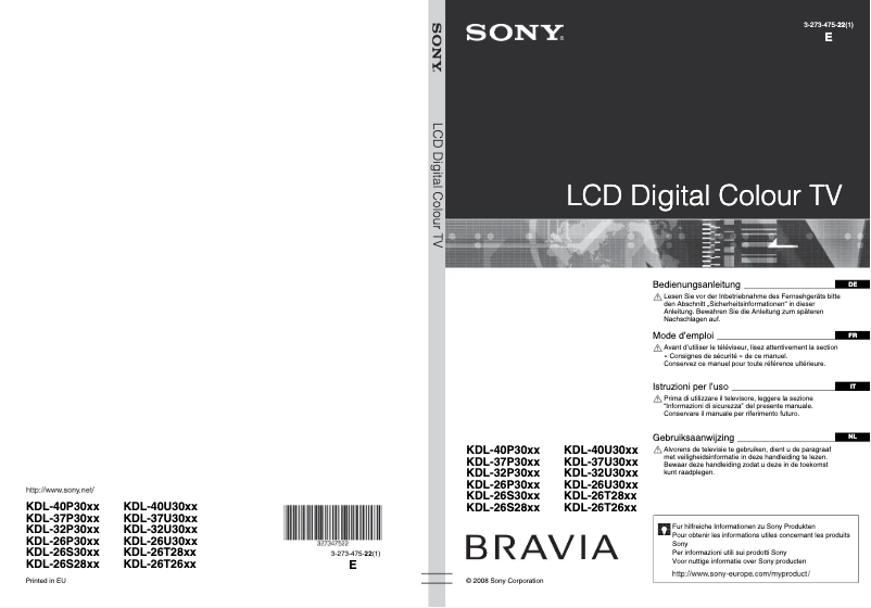 Página 1 del manual Manual de usuario Sony Bravia KDL-37P3020K