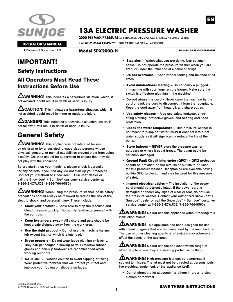 Página 1 del manual Manual de usuario Sun Joe SPX2000-H