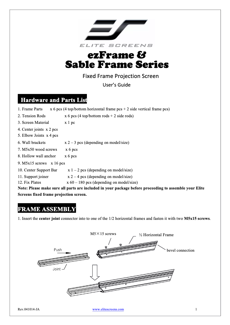 Página nº 1 - Manual de usuario Elite Screens SableFrame ER100WH1