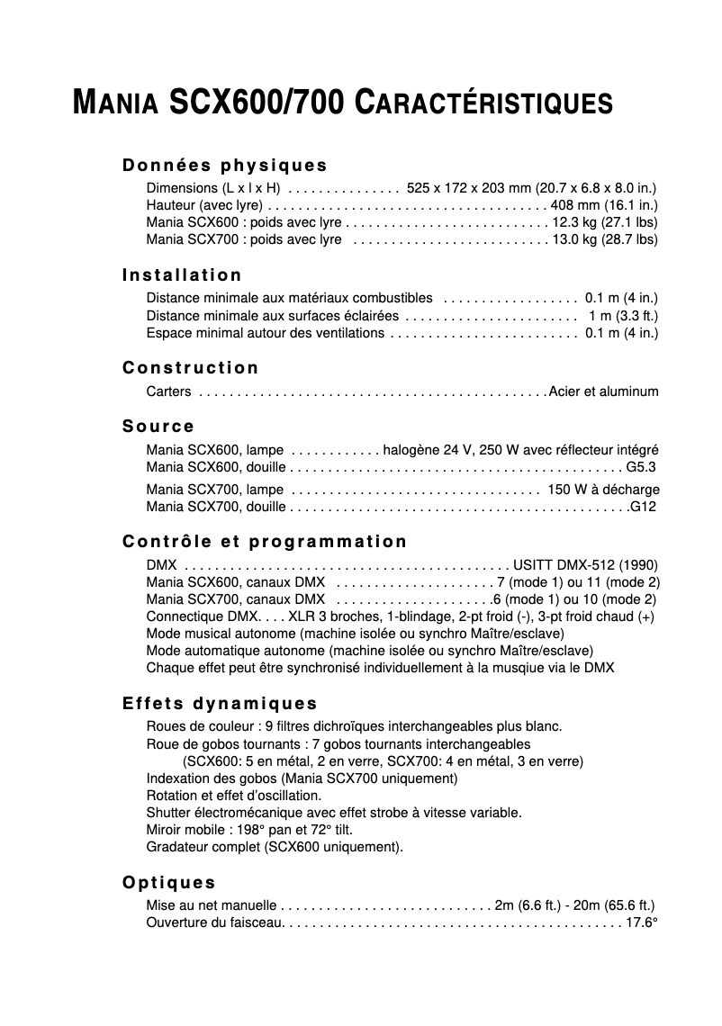 Página 1 del manual Ficha técnica Martin Mania SCX600