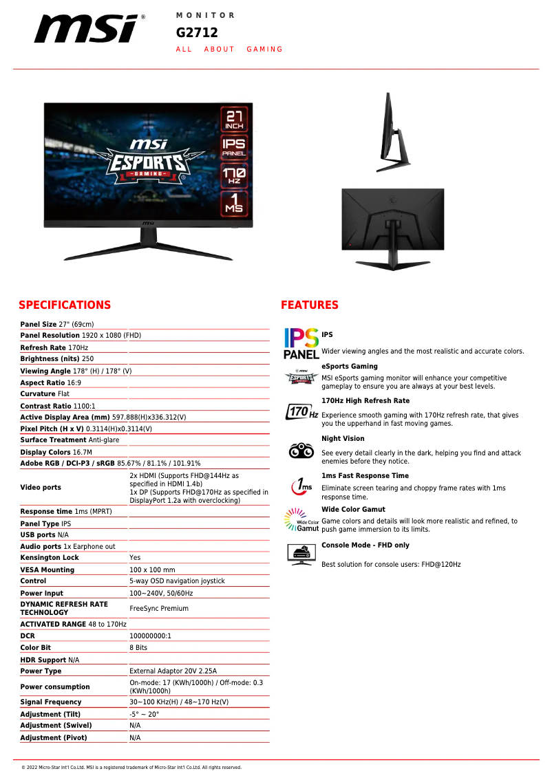 Página nº 1 - Ficha técnica MSI Optix G2712