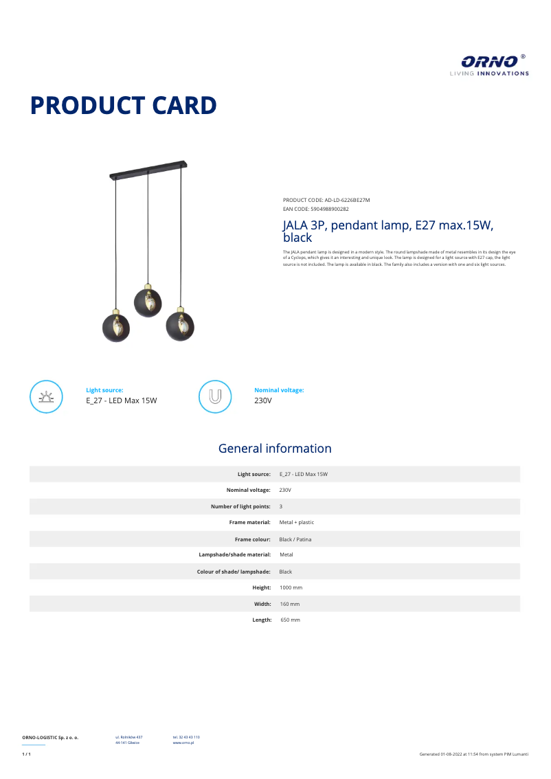 Página 1 del manual Ficha técnica Adviti AD-LD-6226BE27M