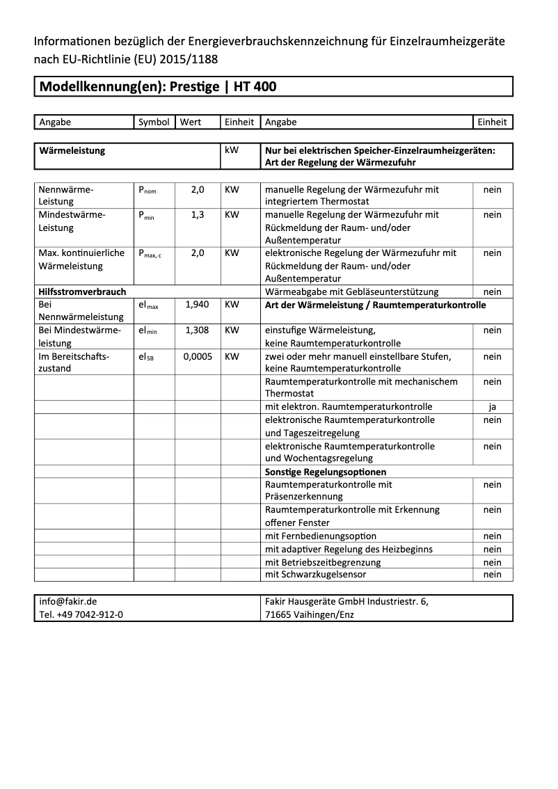 Página 1 del manual Etiqueta energética Fakir Prestige HT 400