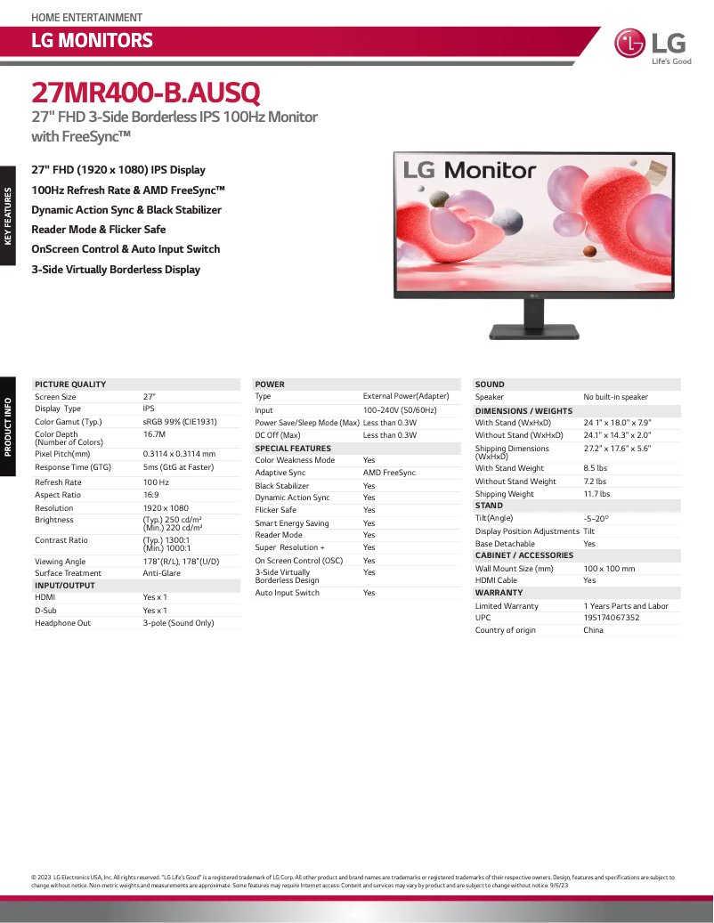 Página 1 del manual Ficha técnica LG 27MR400