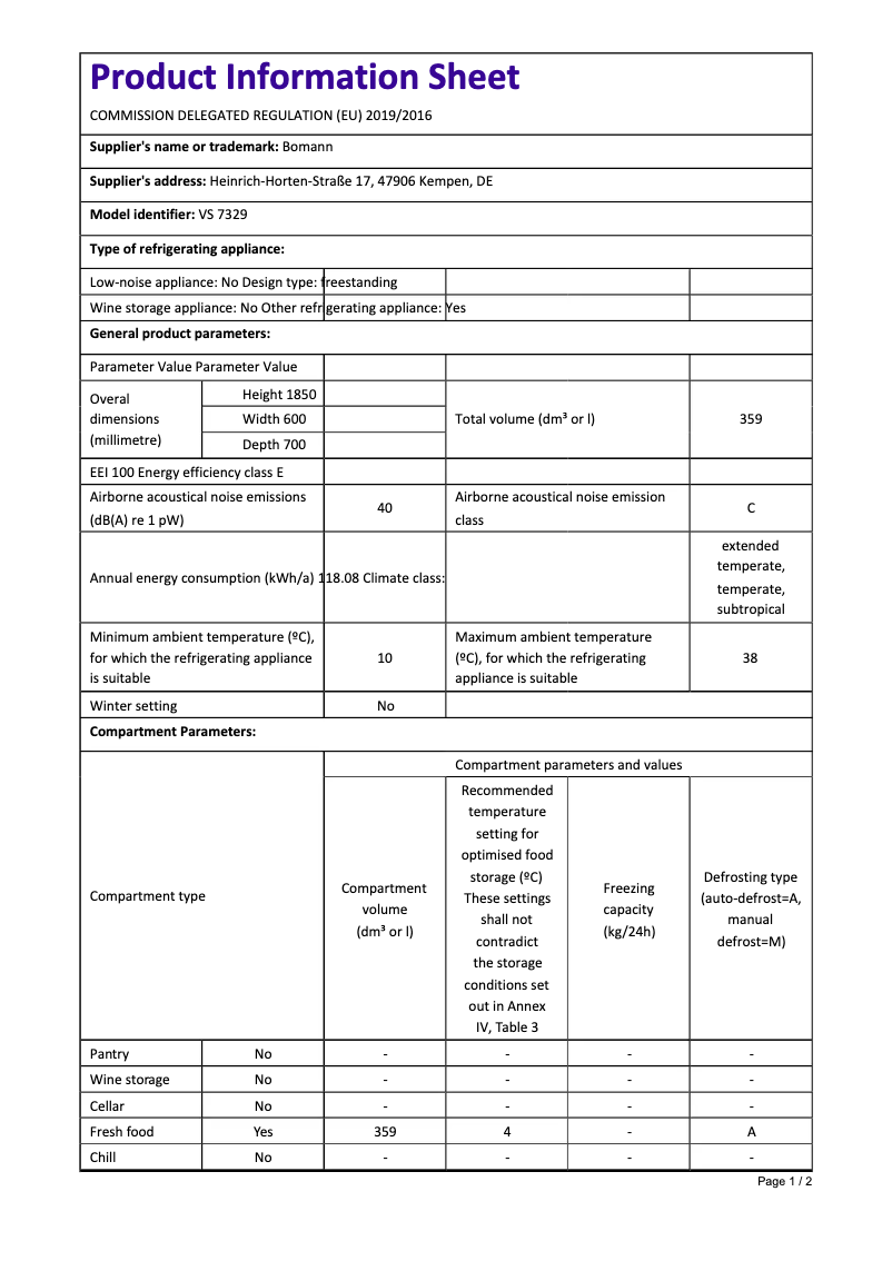 Página 1 del manual Ficha técnica Bomann VS 7329
