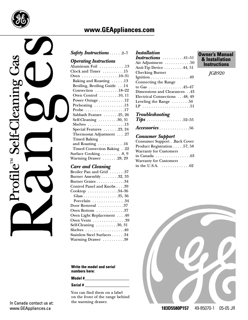 Imagen de la primera página del manual del dispositivo Profile JGB920KEFCC