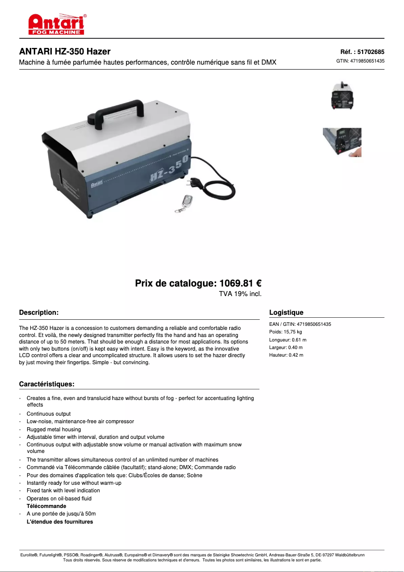 Página 1 del manual Ficha técnica Antari HZ-350