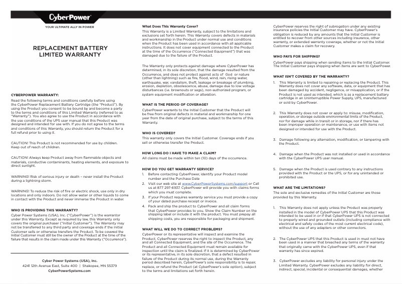 Página nº 1 - Información de garantía CyberPower RB1290X3L