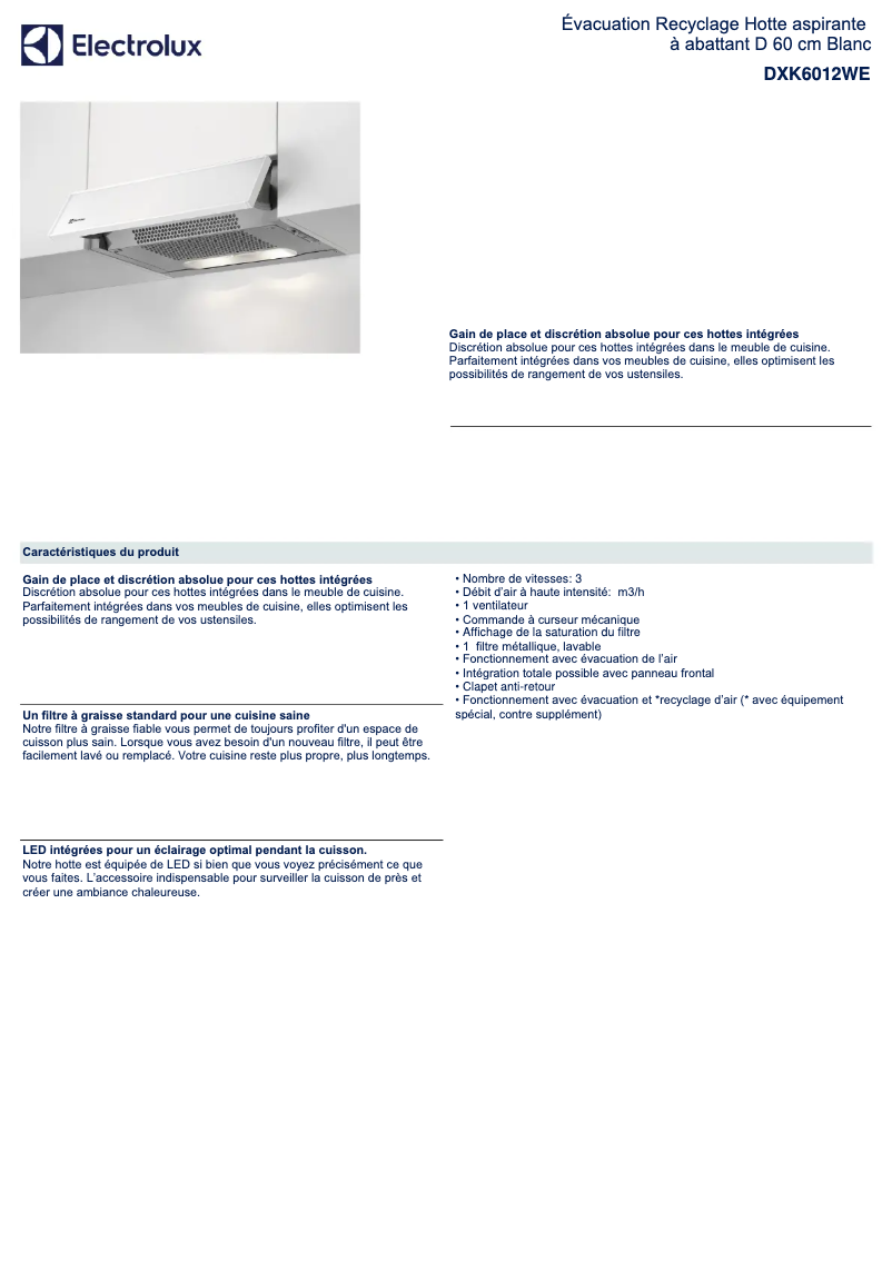 Página 1 del manual Ficha técnica Electrolux DXK6012WE