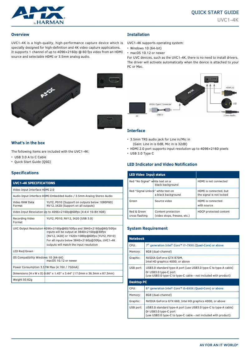 Imagen de la primera página del manual del dispositivo UVC1-4K