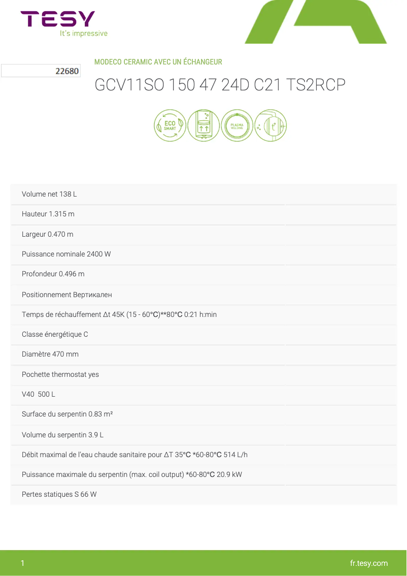 Página 1 del manual Ficha técnica Tesy ModEco Ceramic 150 S