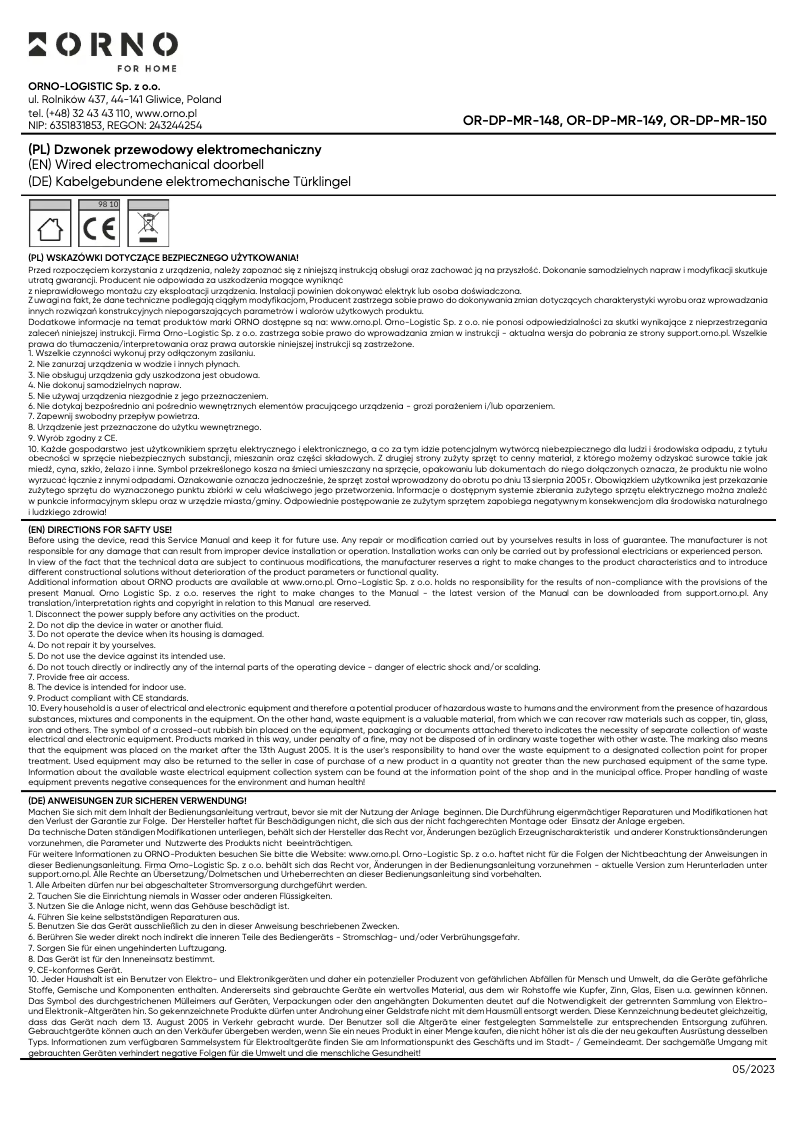 Imagen de la primera página del manual del dispositivo OR-DP-MR-149