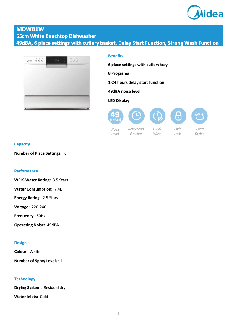 Página 1 del manual Ficha técnica Midea MDWB1W