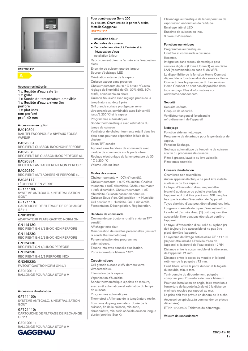 Página 1 del manual Ficha técnica Gaggenau BSP260111