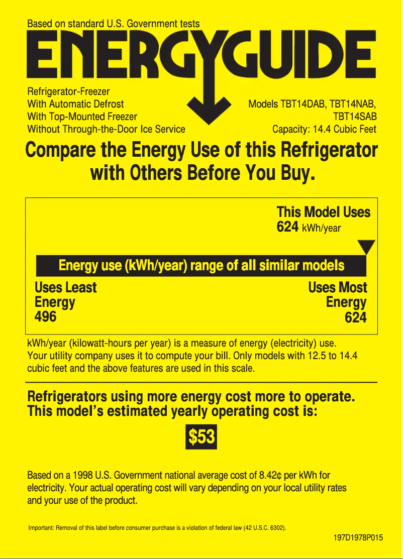 Página 1 del manual Etiqueta energética GE TBT14SABAA