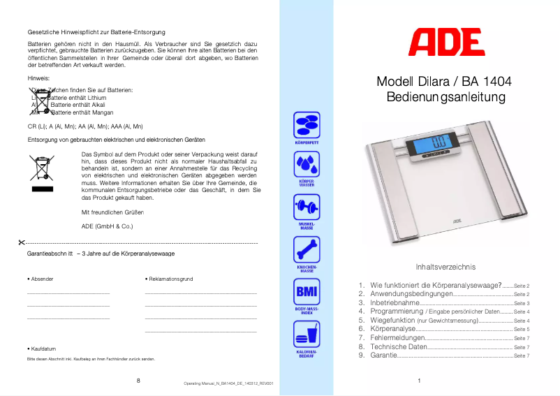 Imagen de la primera página del manual del dispositivo Dilara BA 1404
