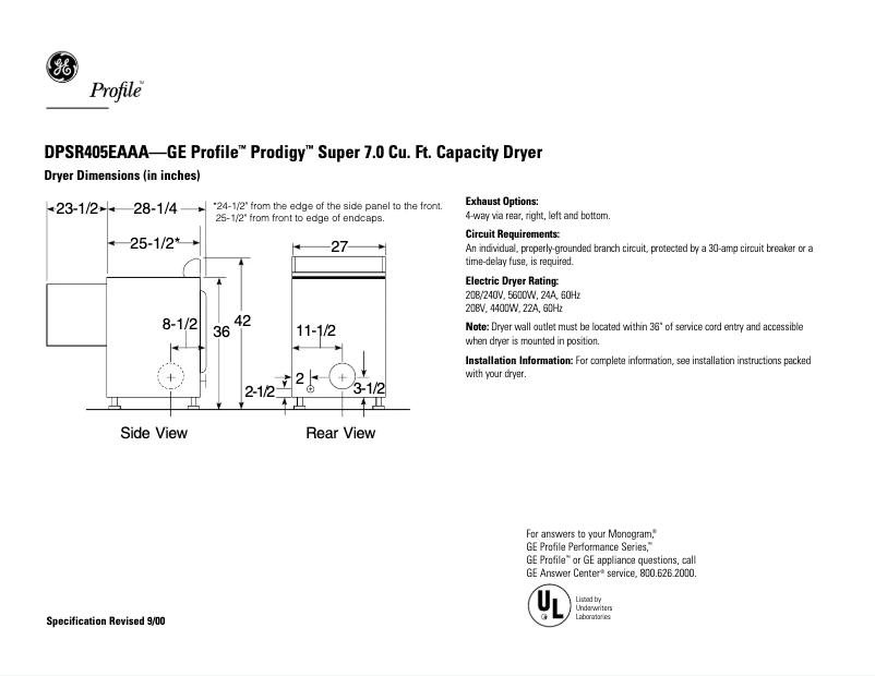 Página 1 del manual Ficha técnica GE Profile Prodigy DPSR405EAAA