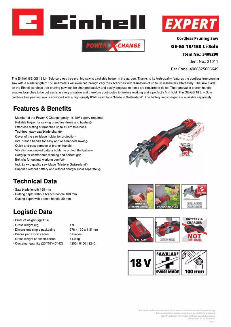 Página 1 del manual Ficha técnica Einhell GE-GS 18/150 Li-Solo