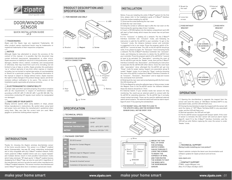 Página 1 del manual Manual de usuario Zipato Door/Window sensor