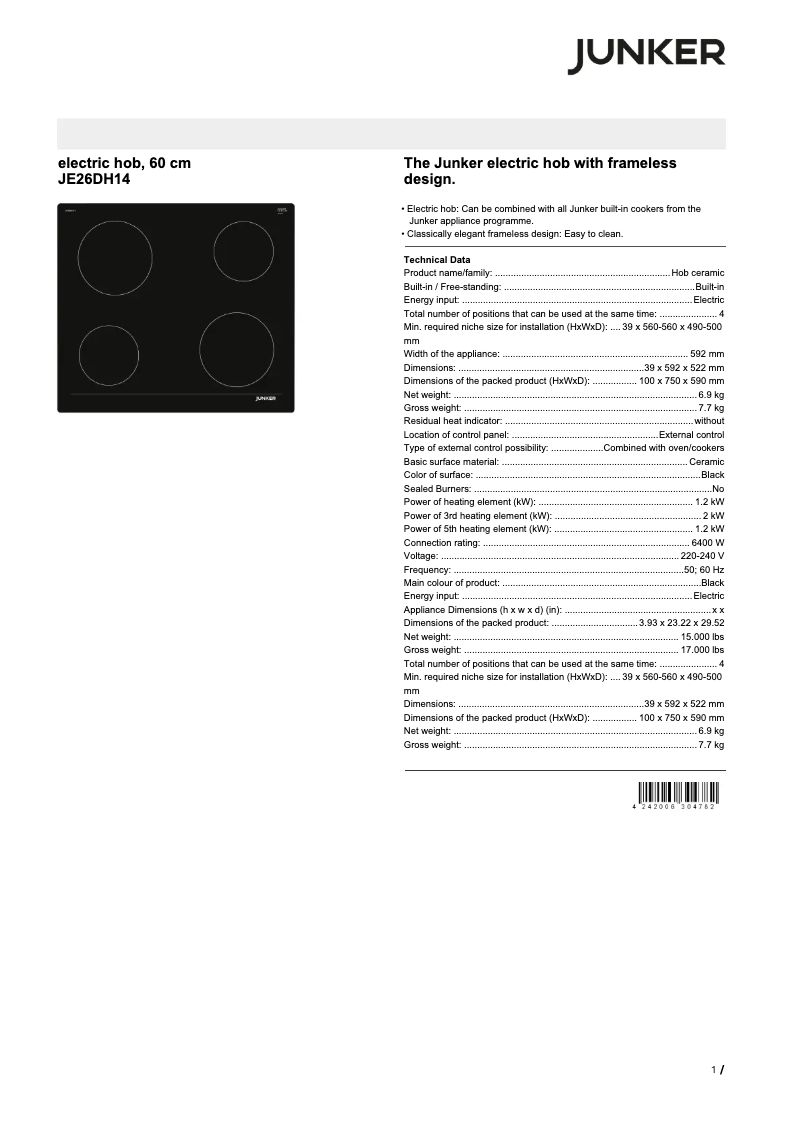 Página 1 del manual Ficha técnica Junker JE26DH14