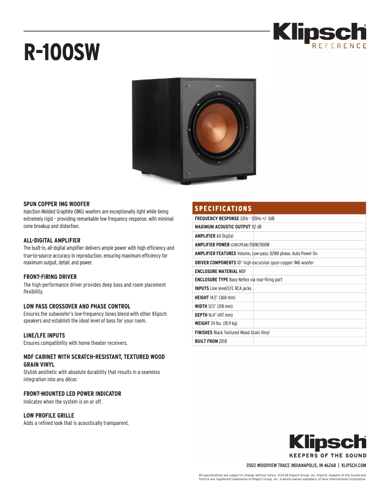 Página 1 del manual Ficha técnica Klipsch R-100SW