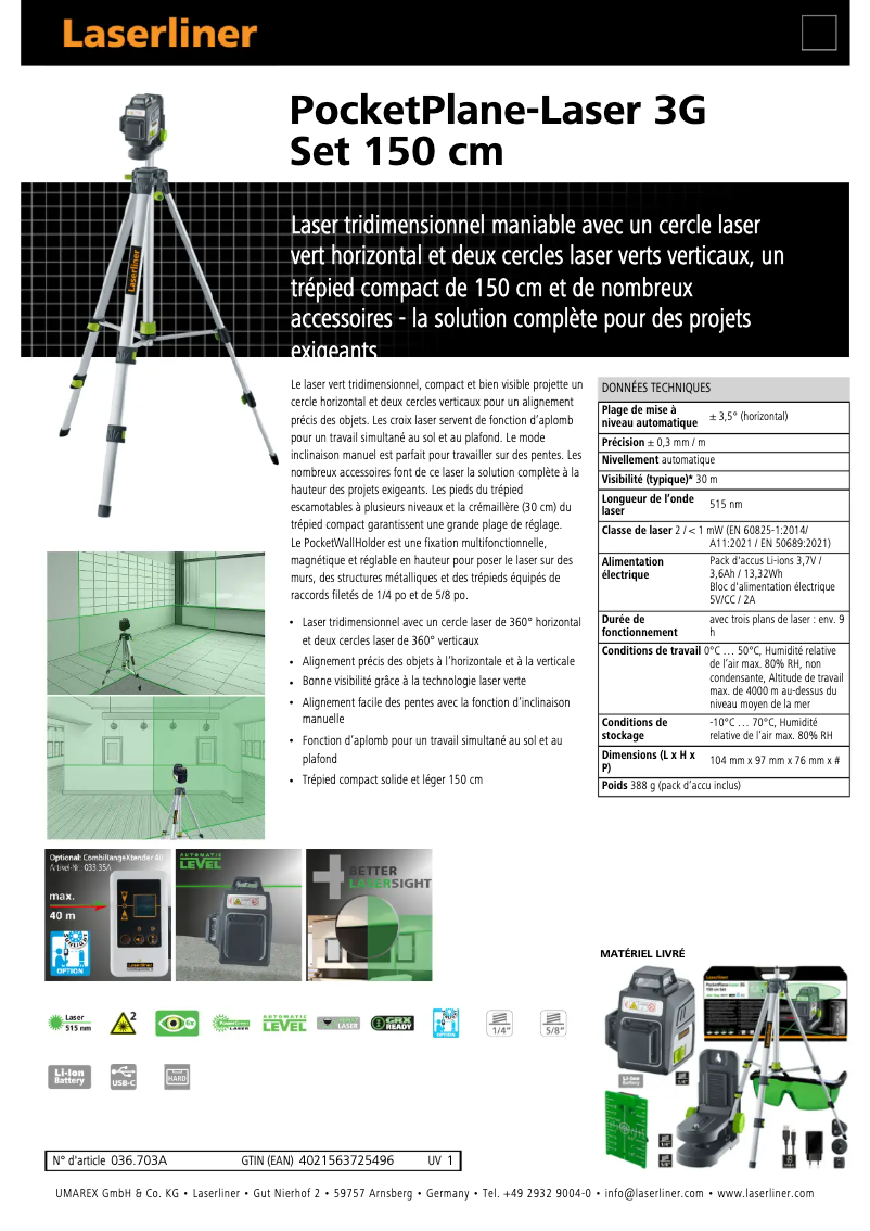 Página 1 del manual Ficha técnica Laserliner PocketPlane-Laser 3G