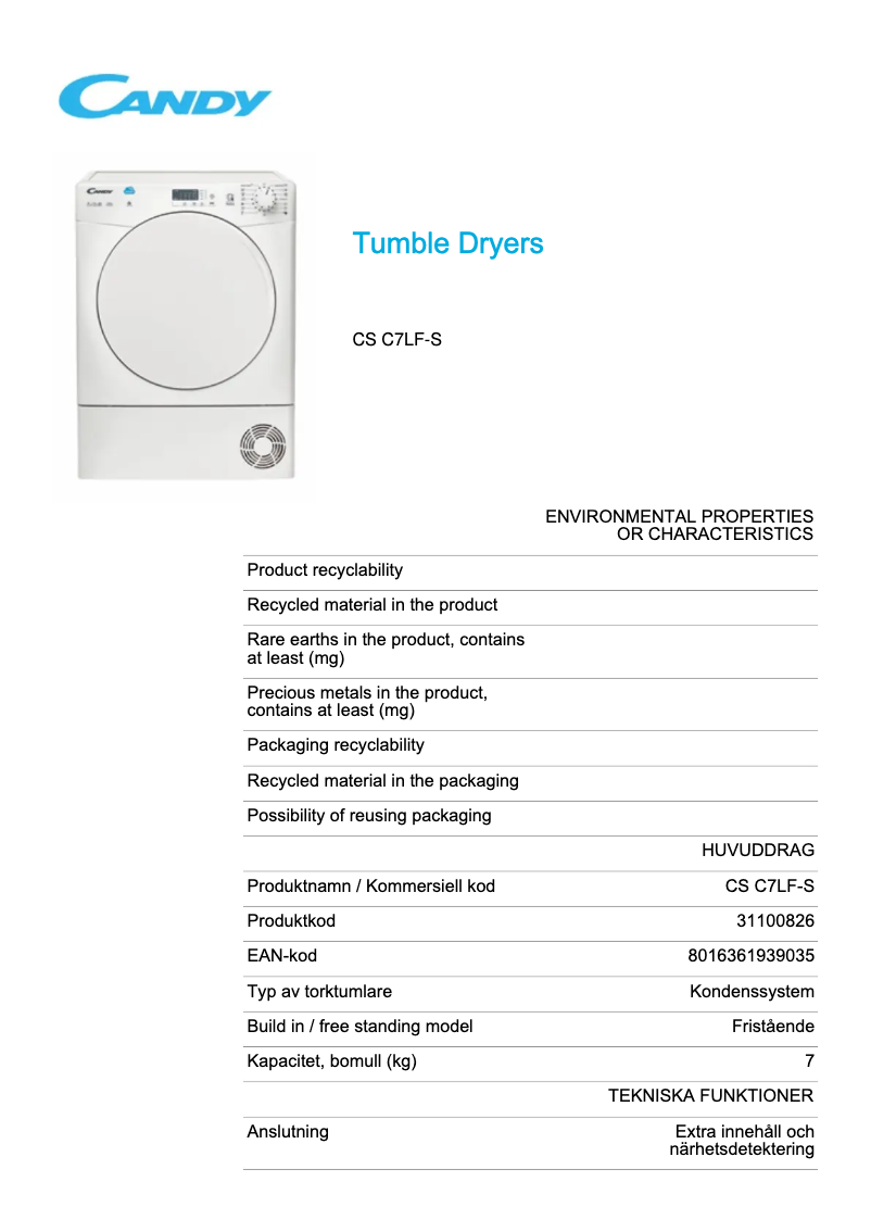 Página 1 del manual Ficha técnica Candy CS C7LF-S