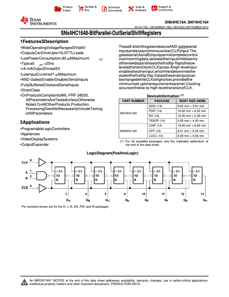 Página 1 del manual Manual de usuario Texas Instruments SN74HC164D