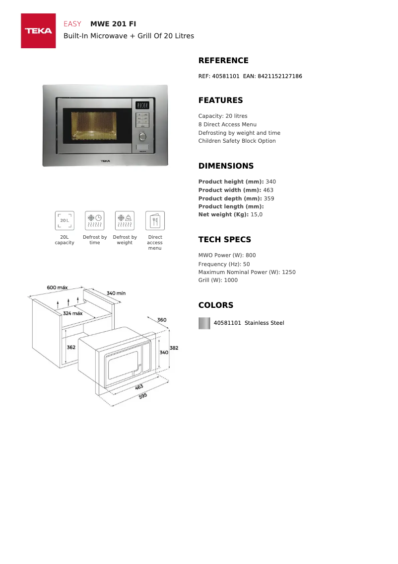 Página 1 del manual Ficha técnica Teka MWE 201 FI