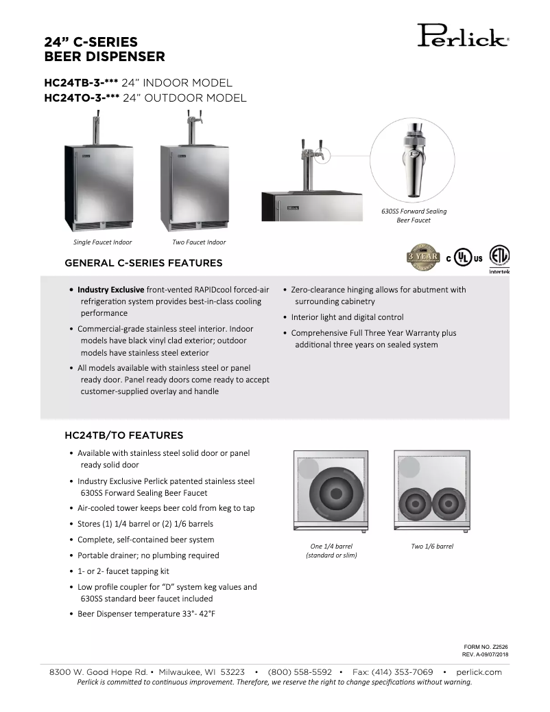 Página 1 del manual Ficha técnica Perlick C-Series HC24TB-3-1L2