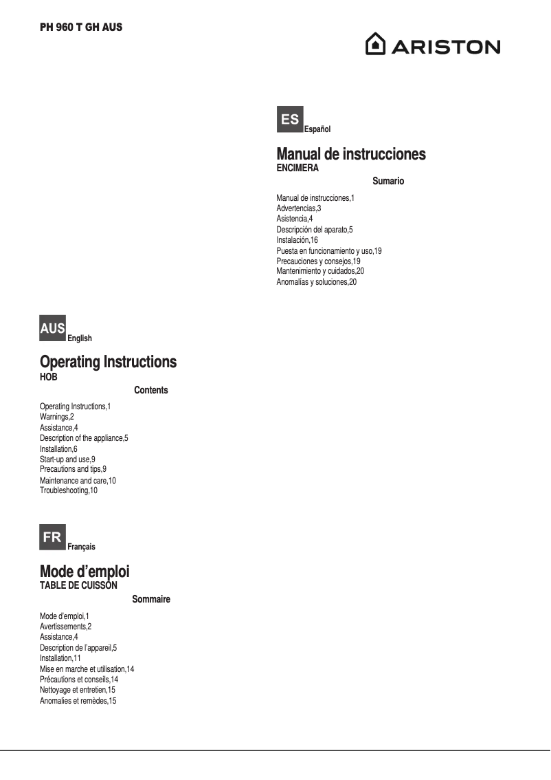Imagen de la primera página del manual del dispositivo PH 960 TGH AUS