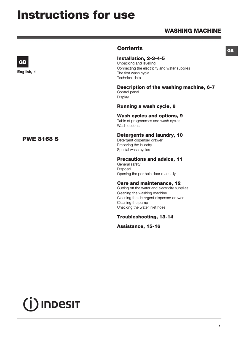 Página 1 del manual Manual de usuario Indesit PWE 8168 S