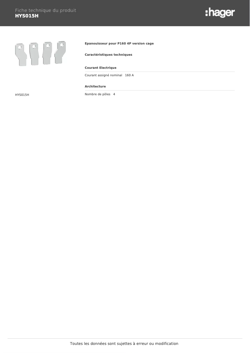 Página 1 del manual Ficha técnica Hager HYS015H