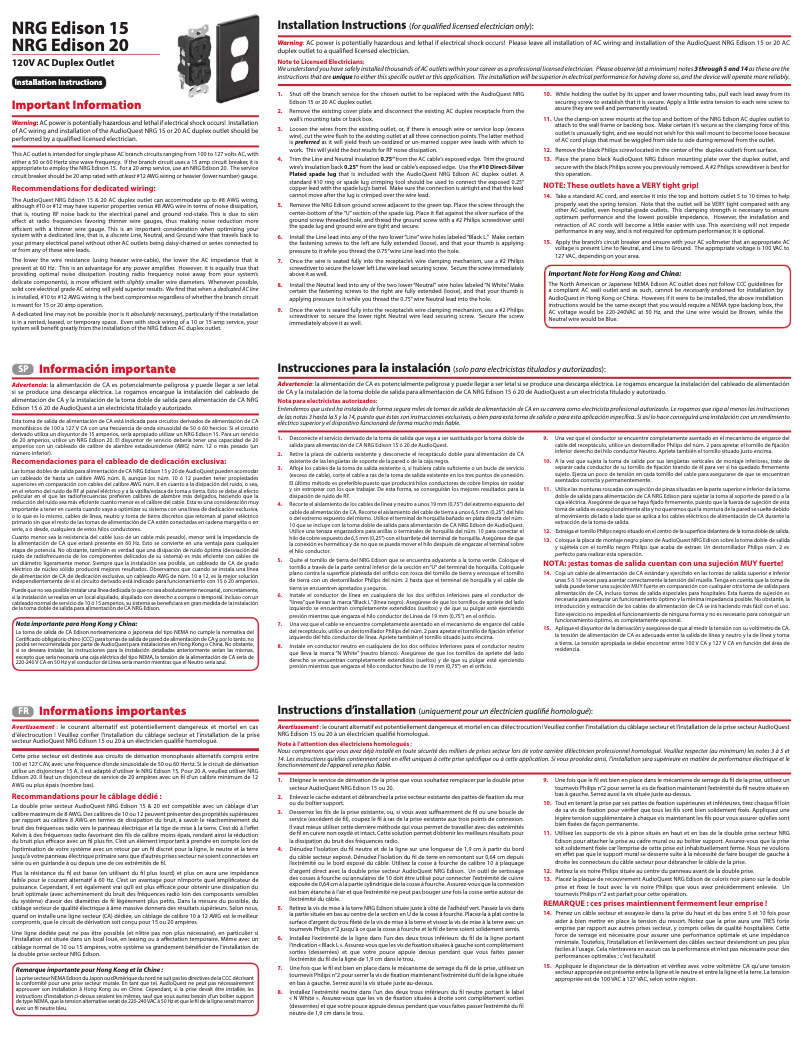 Página 1 del manual Manual de usuario AudioQuest NRG Edison 20