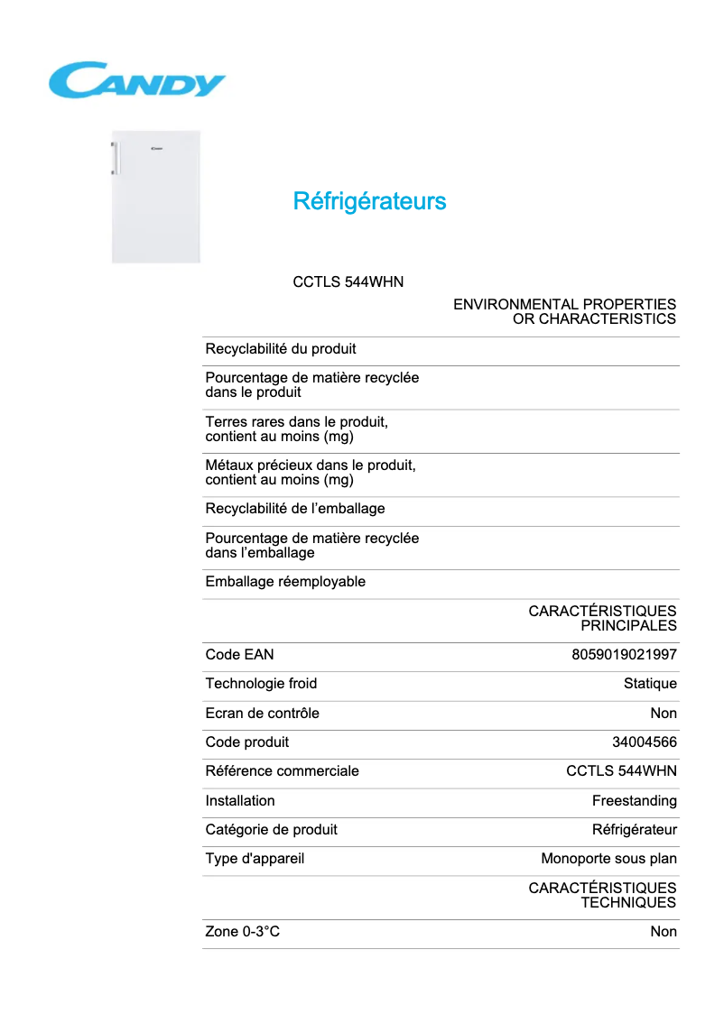 Página 1 del manual Ficha técnica Candy CCTLS 544WHN