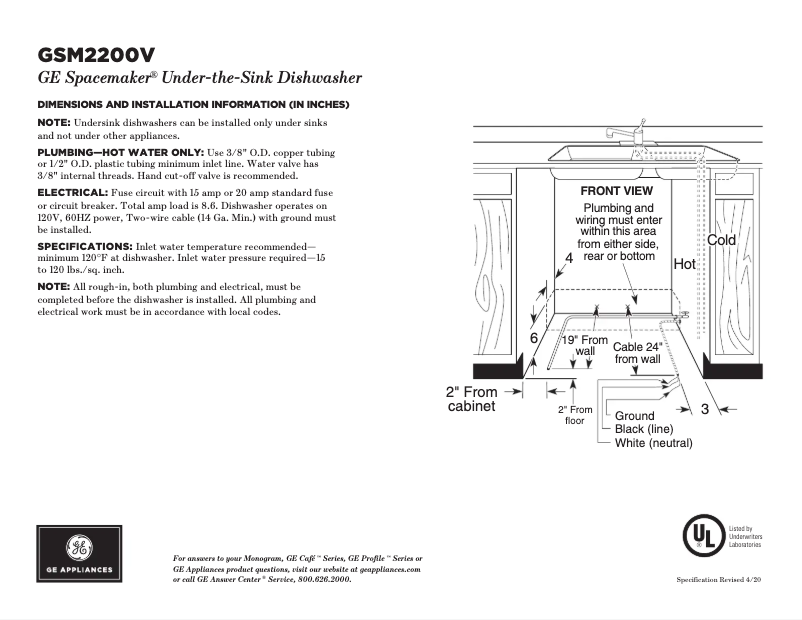 Página 1 del manual Ficha técnica GE Spacemaker GSM2200VWW