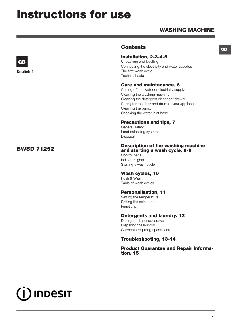 Imagen de la primera página del manual del dispositivo BWSD 71252 W UK