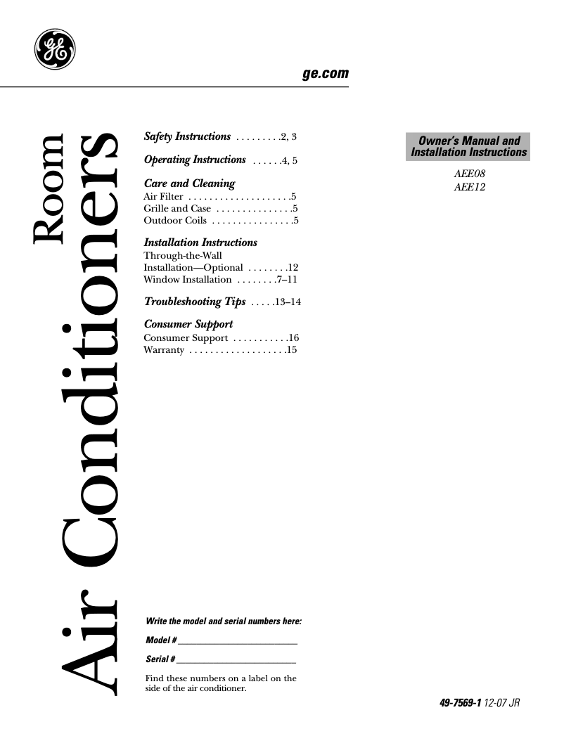 Página 1 del manual Guía de instalación GE AEE08AK