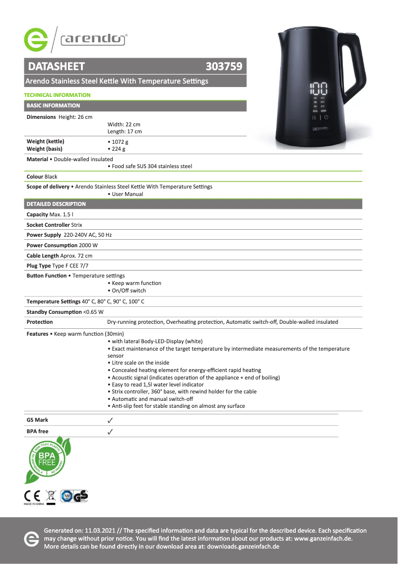 Página 1 del manual Ficha técnica Arendo Aesthet 304895