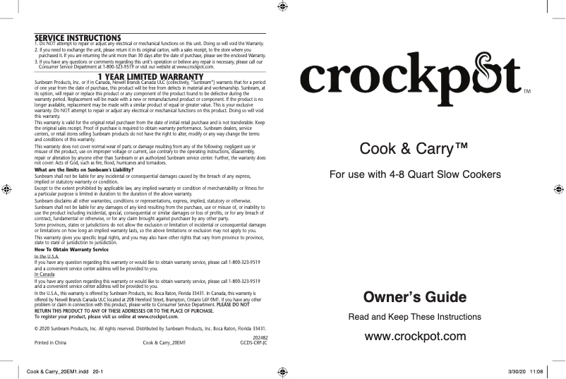 Página 1 del manual Manual de usuario Crock-Pot Cook & Carry SCCPCT600-BM-BR