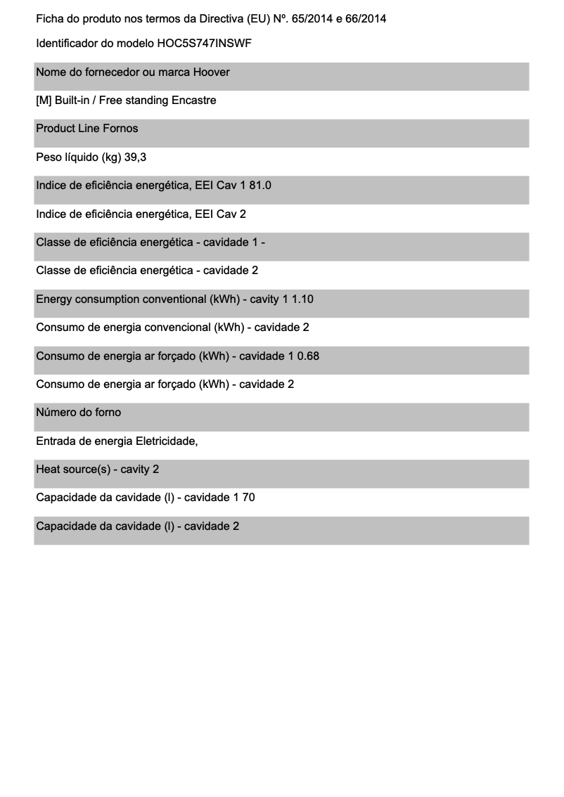 Página 1 del manual Ficha técnica Hoover HOC5S747INSWF