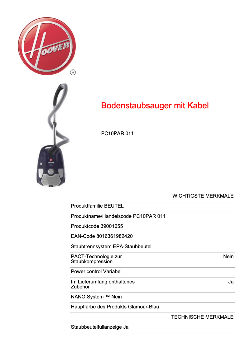 Página 1 del manual Ficha técnica Hoover PC28PET 011