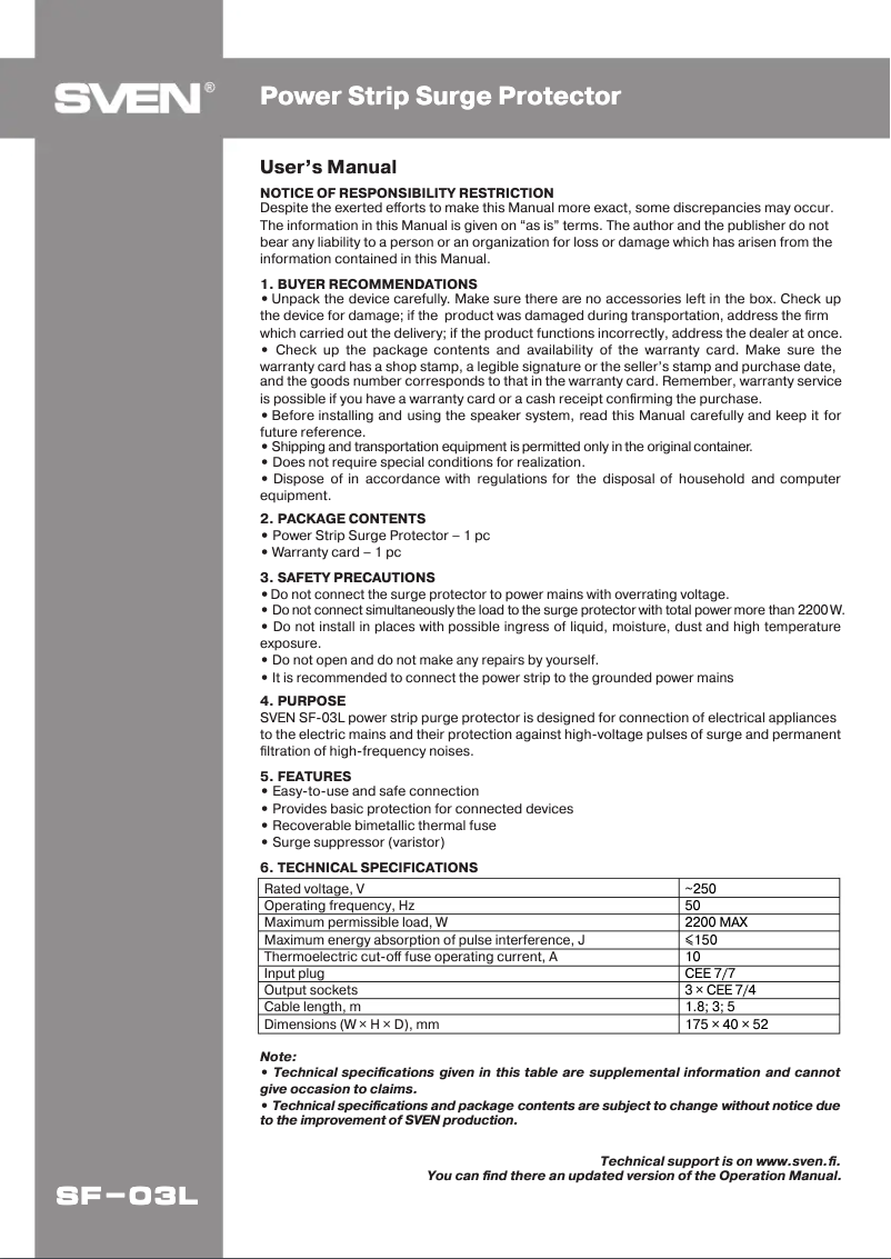 Página 1 del manual Manual de usuario Sven SF-03L
