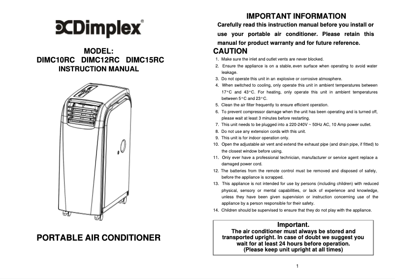 Página 1 del manual Manual de usuario Dimplex DIMC12RC