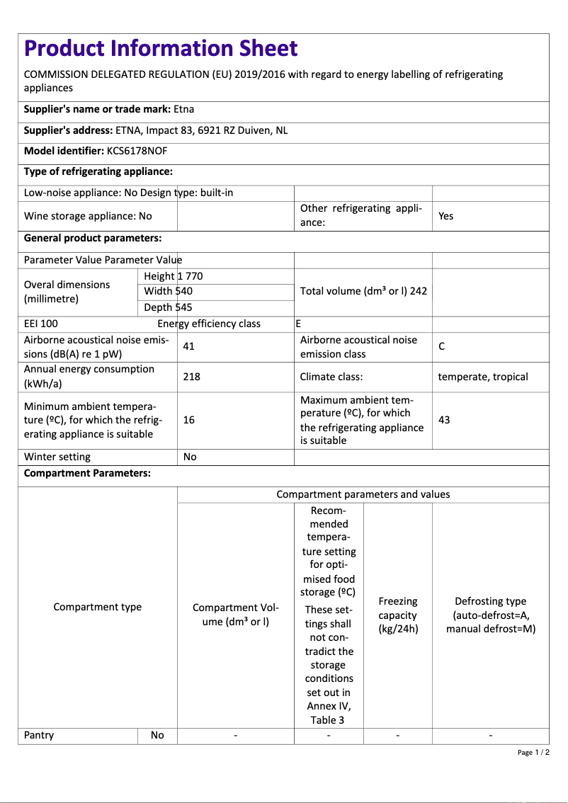 Página 1 del manual Ficha técnica Etna KCS6178NOF