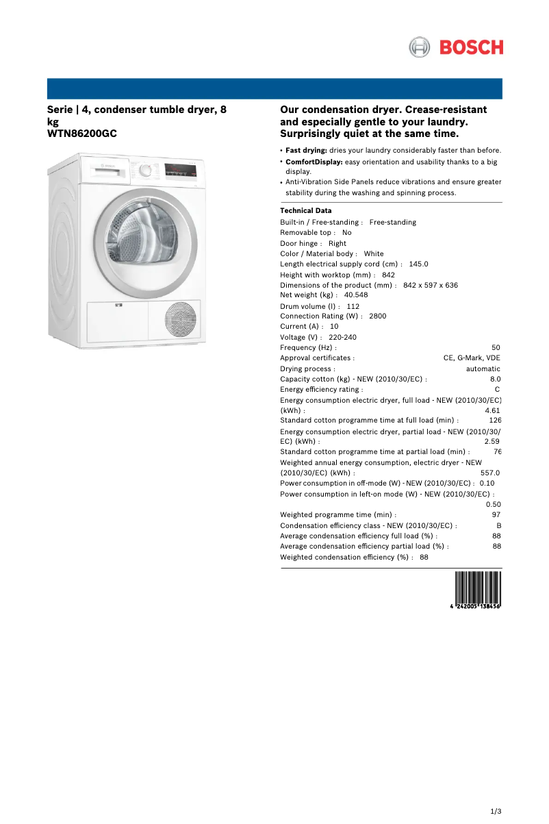 Página 1 del manual Ficha técnica Bosch WTN86200GC